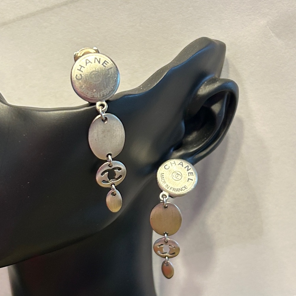 229. CHANEL (Clip)Oval Drop Matte Silver Logo Earrings w/coa - Picture 1 of 8